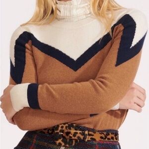 Veronica Beard Camel, Cream & Navy Chevron Turtleneck Sweater